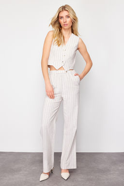 Bej Cizgili Beli Lastikli Cepli Straight/Duz Kesim Pamuk Keten Dokuma Pantolon TWOSS24PL00055