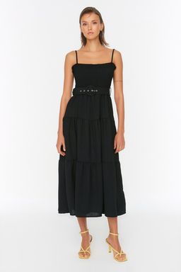 TRENDYOLMILLA Siyah Kemerli Volanl? Skater/Belden Ac?lan Midi Dokuma Elbise TWOSS21EL1929 фото 9