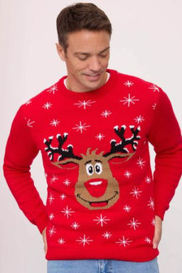 K?rm?z? Standart Fit Y?lbas? Temal? Bisiklet Yaka Triko Kazak