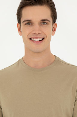 Erkek Regular Fit Bisiklet Yaka Haki Basic Ti__rt