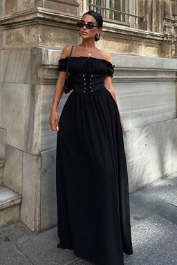TRENDYOLMILLA Siyah A-Kesim Carmen Yaka Korse Gorunumlu S?k Abiye Elbise TPRSS25AE00133  фото 3