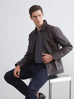 Slim Fit G?mlek Yaka Erkek Deri G?r?n?ml? Mont