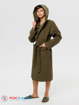 Подростковый вафельный халат с капюшоном хаки В-18 (26)