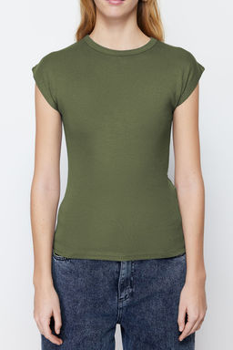 Haki Viskoz/Yumusak Kumas Fitted/Vucuda Oturan Ay Kol Esnek Orme Bluz TWOSS23BZ00992