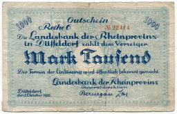 1000 марок 1922 года Германия  Нотгельд (Дюссельдорф)