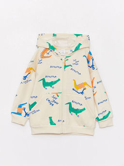 Kap??onlu Uzun Kollu Bask?l? Erkek Bebek Fermuarl? Sweatshirt