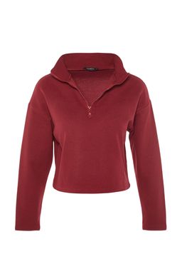 Bordo Selanik/Triko Gorunumlu Fermuarl? Yaka Regular/Normal Kal?p Orme Sweatshirt TWOAW22SW0732