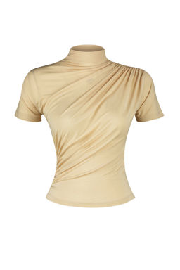 Tas Buzgu/Drape Detayl? Fitted/Vucuda Oturan K?sa Kollu Dik Yaka Esnek Orme Bluz TWOSS24BZ00426