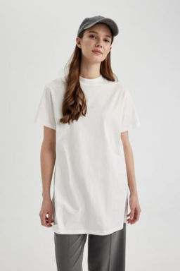 Regular Fit Bisiklet Yaka Basic Duz K?sa Kollu %100 Pamuk Tunik