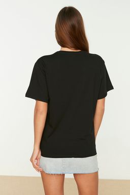 Siyah %100 Pamuk Bisiklet Yaka Oversize/Genis Kal?p Orme T-Shirt TWOSS20TS0134