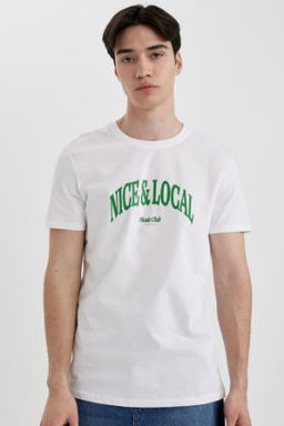 Slim Fit Dar Kesim Bisiklet Yaka Bask?l? K?sa Kollu Tisort