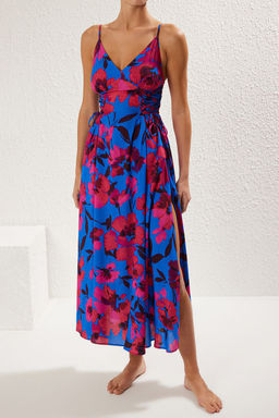 Cicek Desenli Dokuma Baglama Detayl? Maxi Plaj Elbise TBESS24EL00098