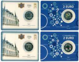 Набор из 4 монет 2 евро 2025 года Люксембург 25 лет со дня вступления на престол Великого герцога Анри и 75 лет Декларации Шумана (в блистерах)