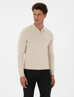 Krem Melanj Slim Fit Polo Yaka Fermuarl_ Basic Triko Kazak