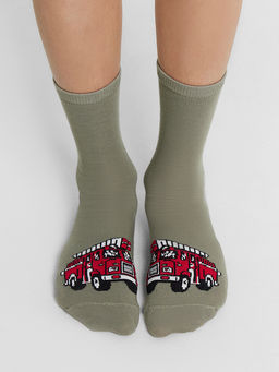 Цена за 5 пар! Носки детские оливковые с рисунком пожарной машины
