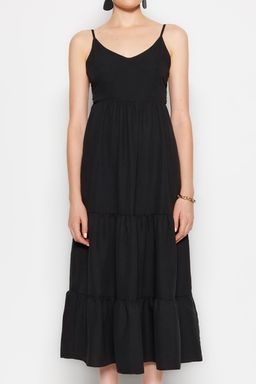 Siyah Etegi Volanl? S?rt Baglama Detayl? Ask?l? Maxi Dokuma Elbise TWOSS23EL00027