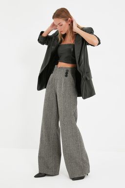 Gri Dugme Detayl? Wide Leg Dokuma Pantolon TWOAW21PL0492 Palazzo