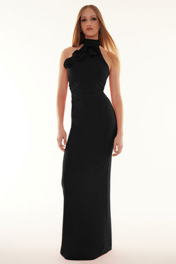 Siyah Gul Detayl? Dokuma Uzun S?k Abiye Gece Mezuniyet Elbisesi TPRSS24AE00011