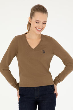Женский базовый свитер темно-хаки меланжевого цвета с v-образным вырезом Неожиданная скидка в корзине