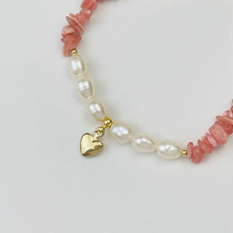 Браслет из Родохрозита и Жемчуга с подвеской "Сердце" 18,5 см +