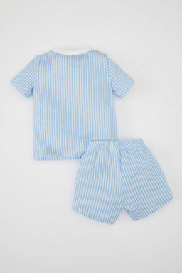 Пижамный комплект из чесаного хлопка в полоску с короткими рукавами для маленьких мальчиков - Defacto фото 5