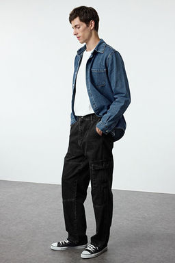 Erkek Siyah Soluk Efektli Baggy Kargo Bol Kot Pantolon Jeans TMNAW25JE00002 - Trendyolmilla фото 2