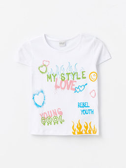 Bisiklet Yaka Bask?l? K?sa Kollu K?z ?ocuk Ti??rt