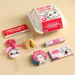 Подарочный набор Котик в бенто коробке: леденец со вкусом малины 15 г., леденецы в тубусе мульти 32 г., жевательная резинка 15 г., молочный шоколад 27 г., печенье с предсказанием 6 г., жевательная конфета 10 г.