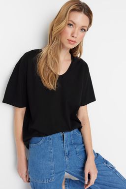 Siyah %100 Pamuk Boyfriend V Yaka Orme T-Shirt TWOSS23TS00003