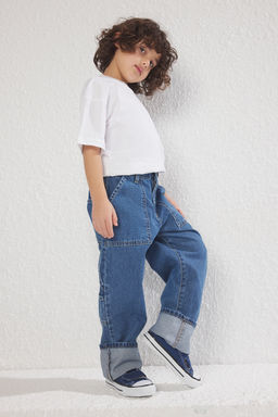 Orta Mavi Erkek Cocuk Yuksek Bel %100 Pamuk Regular Fit Lastikli Denim Jean Pantolon TKDSS25JE00004