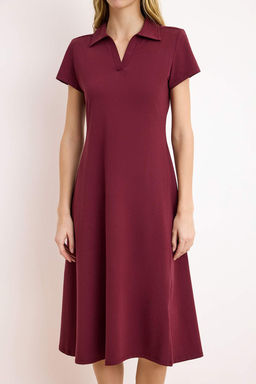 Bordo Polo Yaka Skater/Belden Ac?lan Pamuklu Esnek Orme Midi Elbise TWOSS24EL00480