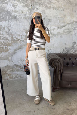 TRENDYOLMILLA Ekru Yanlar? Cep Detayl? Yuksek Bel Wide Leg/Genis Paca Dokuma Pantolon TWOSS25PL00069