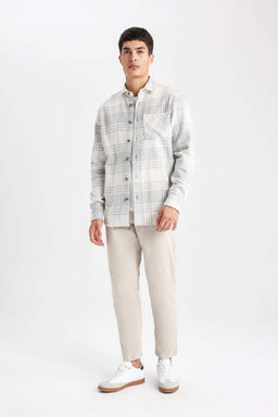 Хлопковая рубашка в клетку с длинными рукавами и воротником-поло обычного кроя - Defacto фото 2