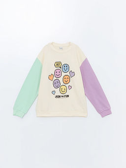 Bisiklet Yaka Bask?l? Uzun Kollu K?z ?ocuk Sweatshirt