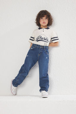 Koyu Mavi Erkek Cocuk Baggy Pamuklu Ayarlanabilir Lastikli Denim Pantolon Jean TKDSS24PL00005