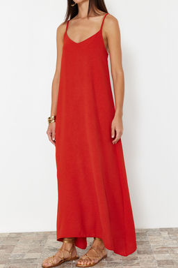 TRENDYOLMILLA Indigo Duz Kesim V Yaka Maxi Dokuma Elbise TWOSS24EL00995 фото 26