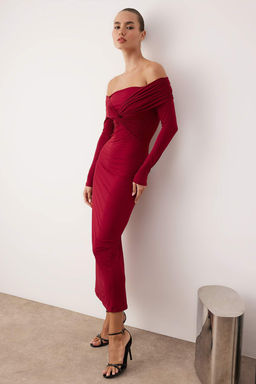 Bordo Yaka Detayl? Orme Midi Astars?z S?k/Gece Elbise TPRAW26EL00038