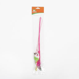 Дразнилка-удочка Цветная мышка, 32 см, белая/зелёная мышь на розовой ручке - Пижон фото 4