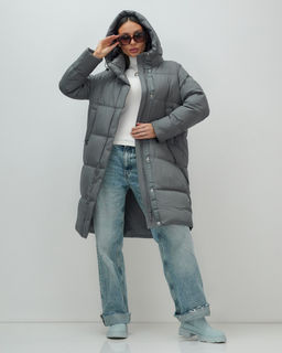 Пальто зимнее утепленное с капюшоном женское темно-серого цвета 7618TC - Visdeer фото 15