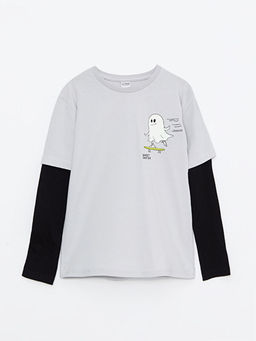 Bisiklet Yaka Bask?l? Uzun Kollu Pamuklu Erkek ?ocuk Ti??rt