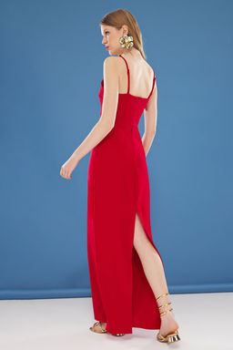 TRENDYOLMILLA K?rm?z? A-Kesim Cicek Aplike Detayl? Straplez Dokuma S?k Maxi Abiye Elbise TPRSS25AE00077  фото 3