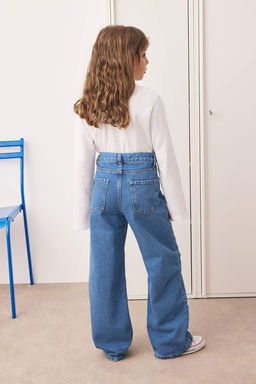 Mavi K?z Cocuk Genis Paca Y?ld?z Desenli %100 Pamuk Lastikli Denim Pantolon TKDAW25PL00001 - Trendyolmilla фото 4