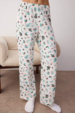Ekru-Yesil %100 Pamuklu Cicekli Biyeli Orme Pijama Tak?m? THMAW26PT00058 - Trendyolmilla фото 3