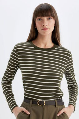 Regular Fit Bisiklet Yaka Cizgili Casual Uzun Kollu Tisort