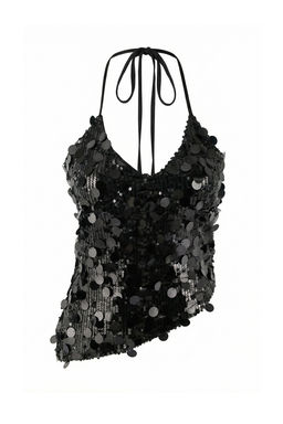 Siyah Payetli Ask?l? Asimetrik Kesim Bluz TPRSS26BZ00017