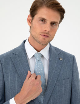 Koyu Mavi Slim Fit _izgili Y_n Ka_mir Kar___ml_ Tak_m Elbise