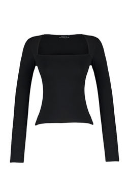Trendyolmilla Siyah Pamuklu Esnek Kare Yaka Fitted/Vucuda Oturan Esnek Bluz TWOAW24BZ00165  фото 6