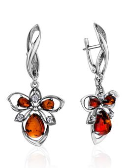 Нарядные серьги с натуральным балтийским янтарём и кристаллами Эдельвейс