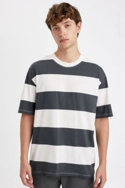Antrasit Boxy Fit Bisiklet Yaka Cizgili Pamuklu K?sa Kollu Tisort