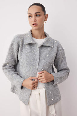 Gri Polo Yaka Inci Detayl? Genis Kal?p Triko H?rka TWOAW26HI00159 - Trendyolmilla фото 2